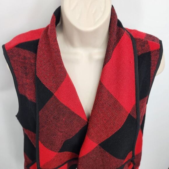 Open Sweater Vest Women's Size Large Buffalo Plaid Pockets Wide Lapel - Picture 2 of 13